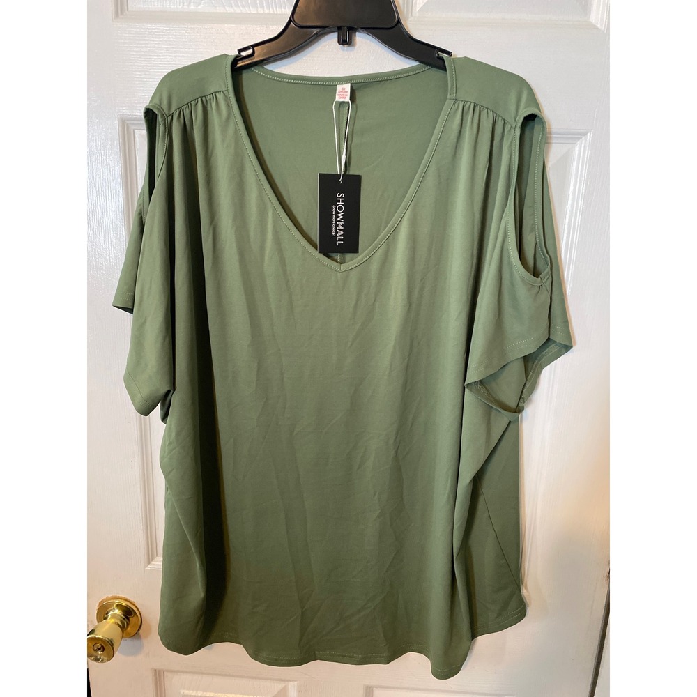 Showmall Olive Green Cold Shoulder V-Neck Top Plus Size 3X 22W-24W NWT